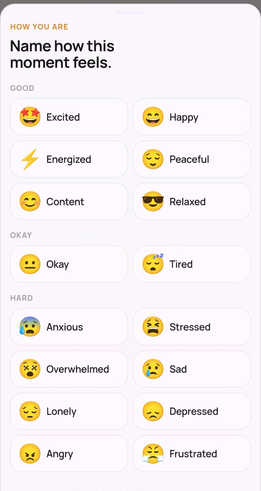 Mood check-in screen showing Keiko's mood options across good, okay, and hard categories