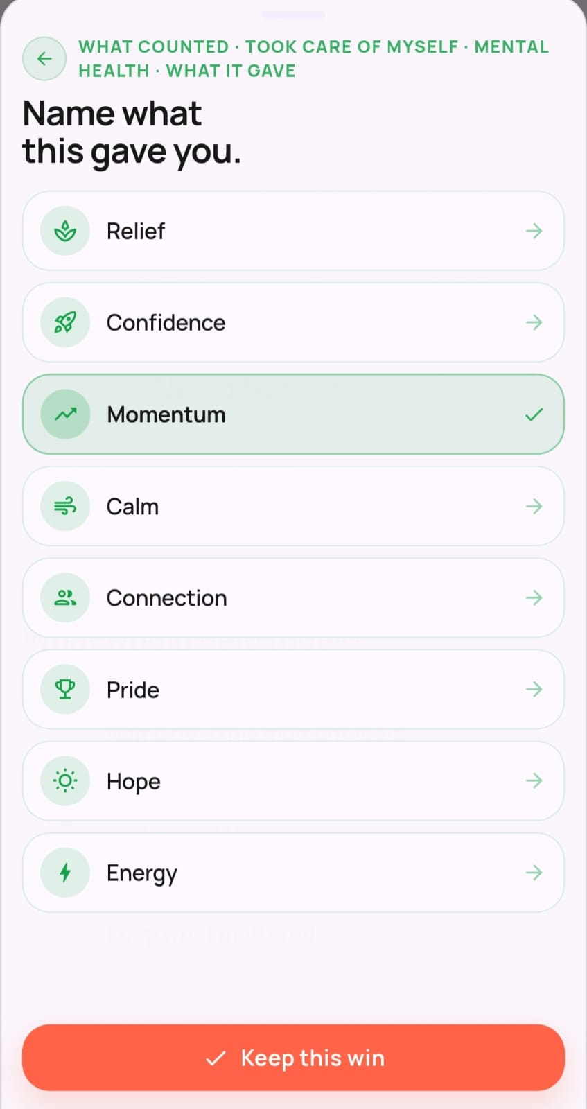 Microwin outcome screen titled 'Name what this gave you' with Momentum selected