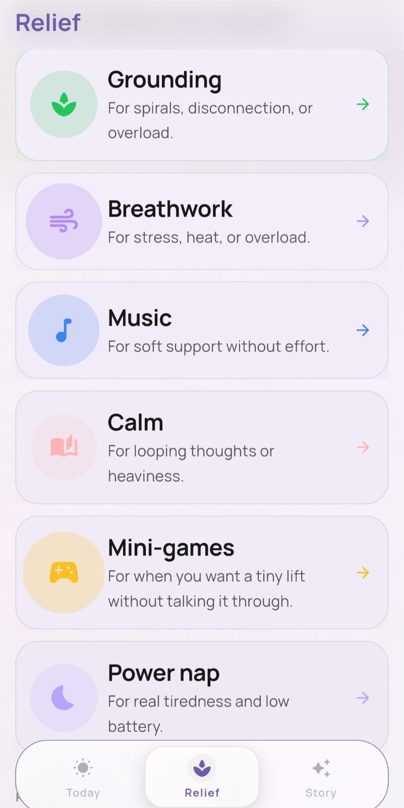 Reset mode picker with Breathing, Calm, Music, Power Nap, Grounding, and Mini-games options