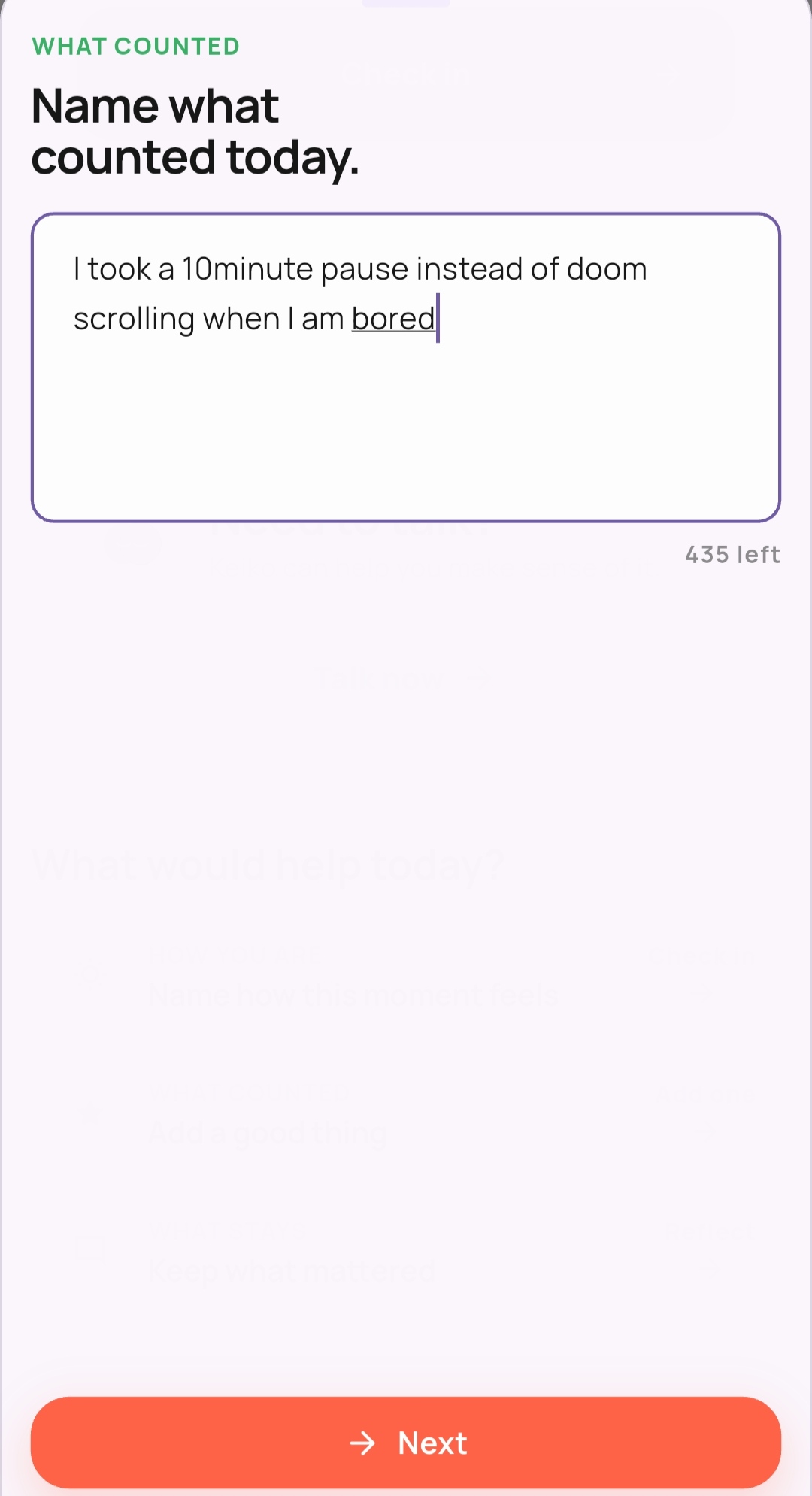 Moments check-in screen with a short, specific win entry