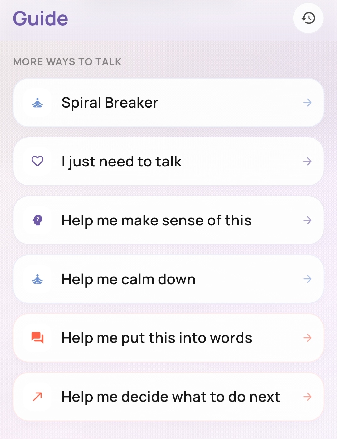 KeikoAI Guide mode selector with options like Help me calm down and Help me decide what to do next