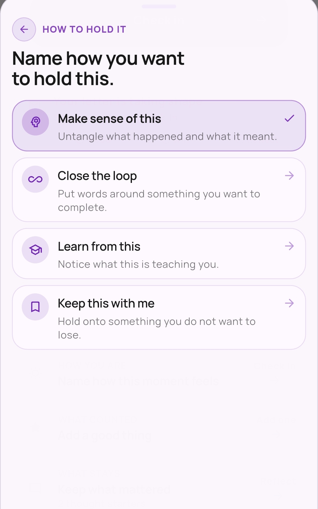 Reflection screen showing prompt source and Reflection mode options: Make sense of this, Close the loop, Learn from this, Keep this with me