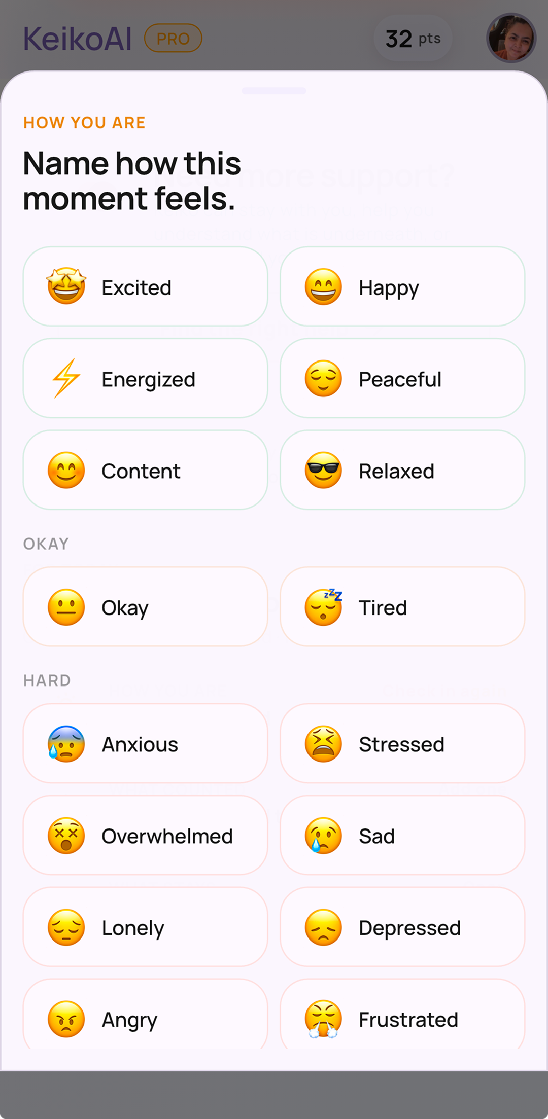 KeikoAI mood check-in screen