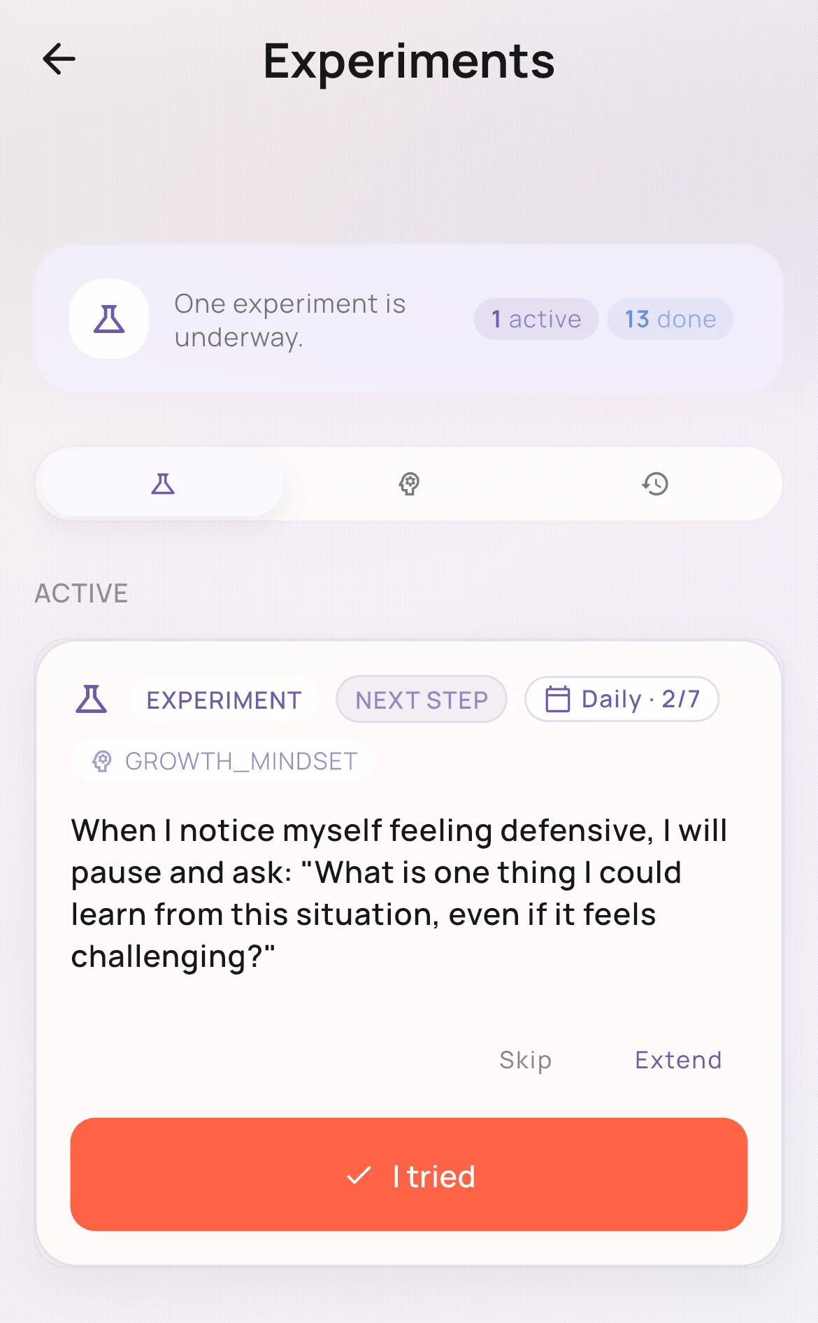 Keiko Experiments screen tracking the active Growth Mindset Experiment